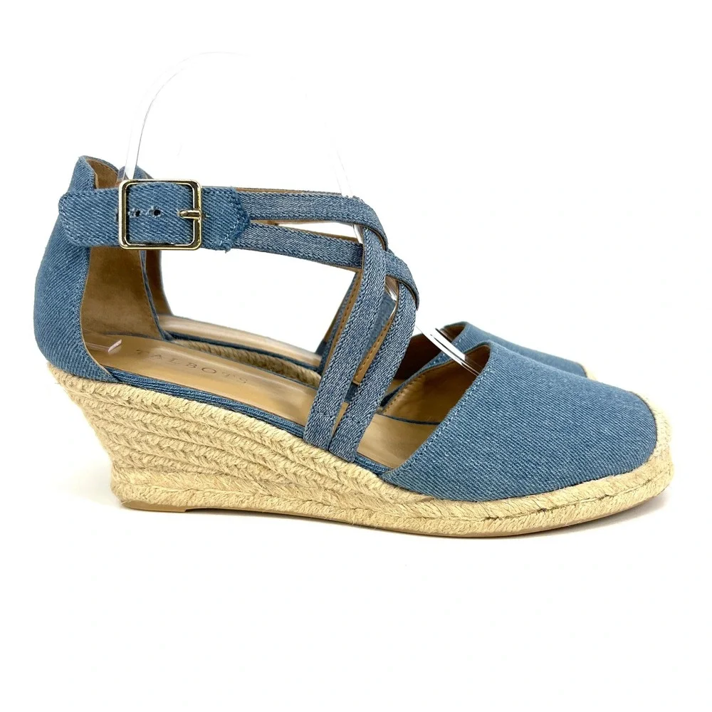 Talbots Womens Blue Denim Espadrille Wedge Sandals Crisscross‎ Ankle Strap 9M